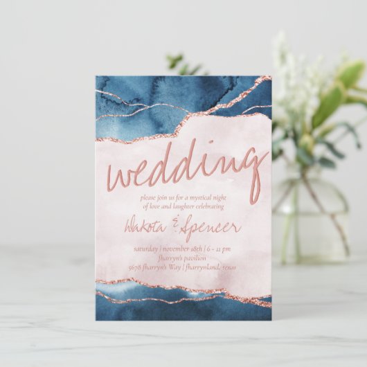 神秘的な優雅さ |青いピンクのアゲート結婚ト 招待状 (スタンド正面)