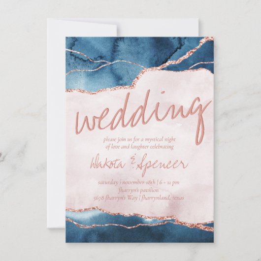 神秘的な優雅さ |青いピンクのアゲート結婚ト 招待状 (正面)
