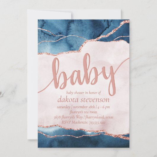 神秘的な優雅さ | Blue Pink Agate赤ちゃんシャワー 招待状 (正面)