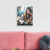 神秘的な先住民のアメリカ人女性と狼10x8 キャンバスプリント (インサイチュ (リビング))