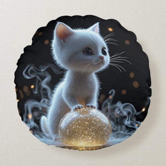 神秘的な光を放つ愛らしい白い子猫 ラウンドクッション (正面)