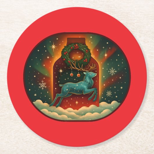 神秘的な冬のスタグレッドBG ラウンドペーパーコースター (正面)