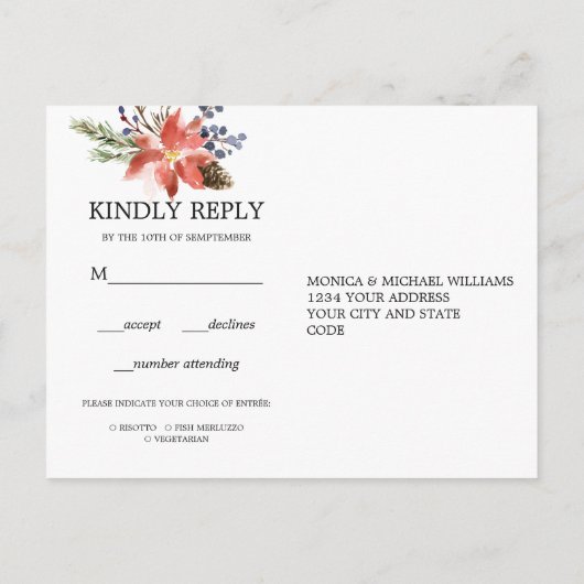 神秘的な冬 | 花のウェディング RSVP 料理選択 インビテーションポストカード (裏面)