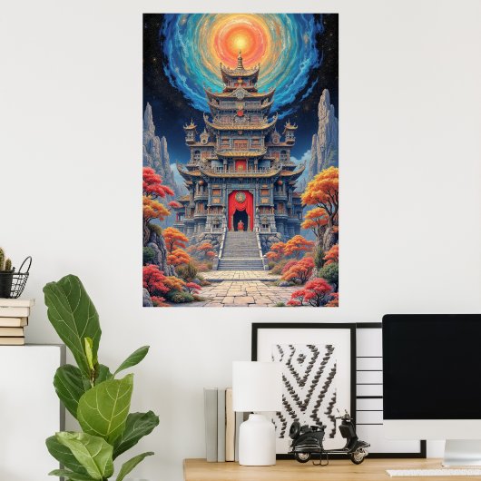 神秘的な塔の寺院と天上の空 ポスター (ホームオフィス)