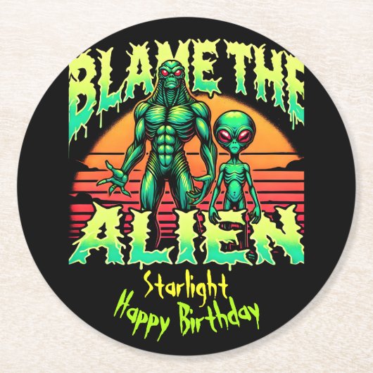 神秘的な夕暮れの下の謎めいたエイリアン ラウンドペーパーコースター (正面)