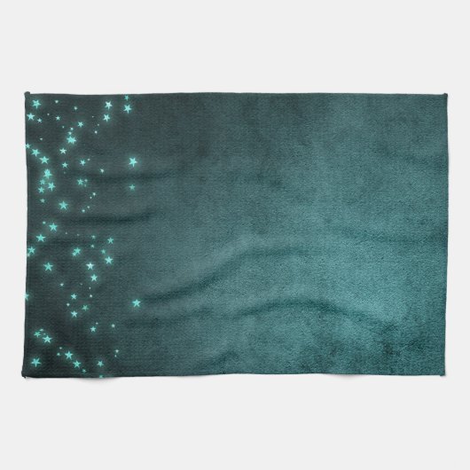 神秘的な夕暮れ星 |深いティール(緑がかった色)グリーンネオングロー キッチンタオル (横)