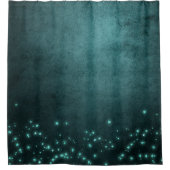 神秘的な夕暮れ星 |深いティール(緑がかった色)グリーンネオングロー シャワーカーテン (正面)