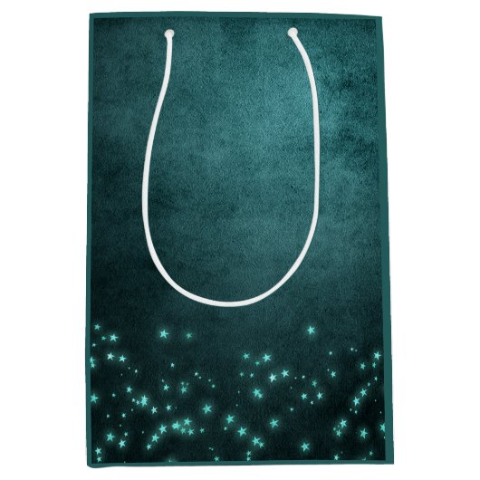 神秘的な夕暮れ星 |深いティール（緑がかった色）グリーンネオングロー ミディアムペーパーバッグ (正面)