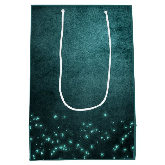 神秘的な夕暮れ星 |深いティール（緑がかった色）グリーンネオングロー ミディアムペーパーバッグ (裏面)