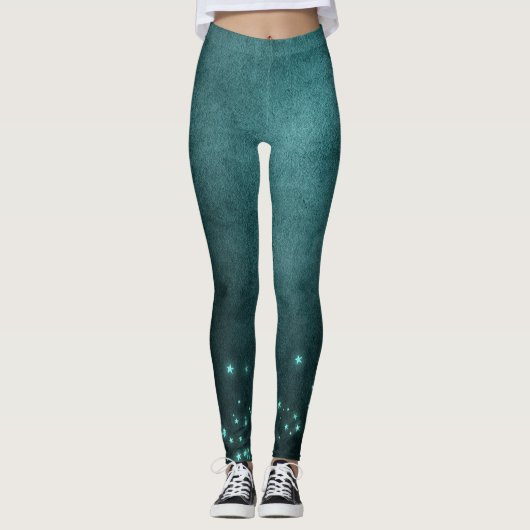 神秘的な夕暮れ星 |深いティール（緑がかった色）グリーンネオングロー レギンス (正面)