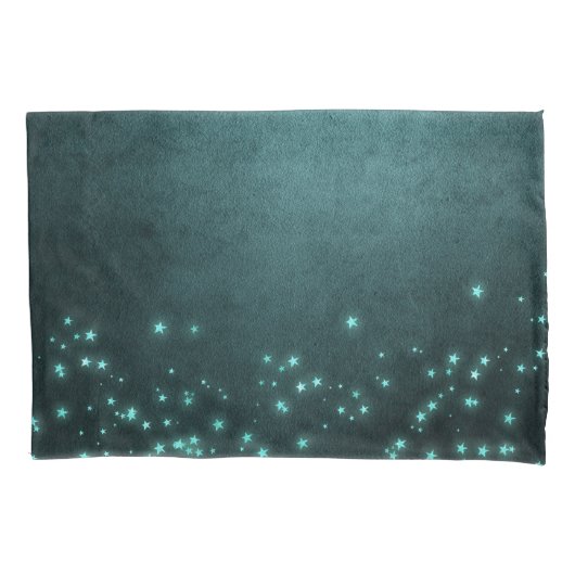 神秘的な夕暮れ星 |深いティール(緑がかった色)グリーンネオングロー 枕カバー (正面)