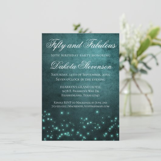 神秘的な夕暮れ星 |深いティール（緑がかった色）グローファブラス50 招待状 (スタンド正面)