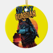 神秘的な夕暮れ：燃えるような地平線に青い狼 セラミックオーナメント (正面)