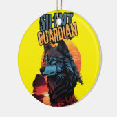 神秘的な夕暮れ：燃えるような地平線に青い狼 セラミックオーナメント (左)