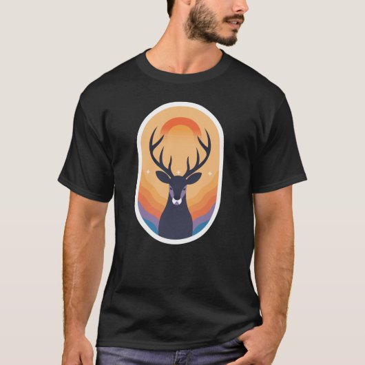 神秘的な夕焼けの牡鹿 レトロボホシルエットアート Tシャツ (正面)