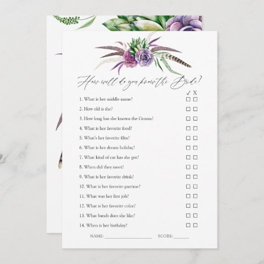 神秘的な多肉植物のブライダルシャワーゲーム 招待状 (正面/裏面)