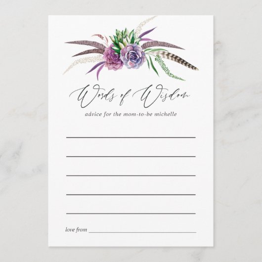 神秘的な多肉類ブライダルシャワー アドバイスカード (正面)