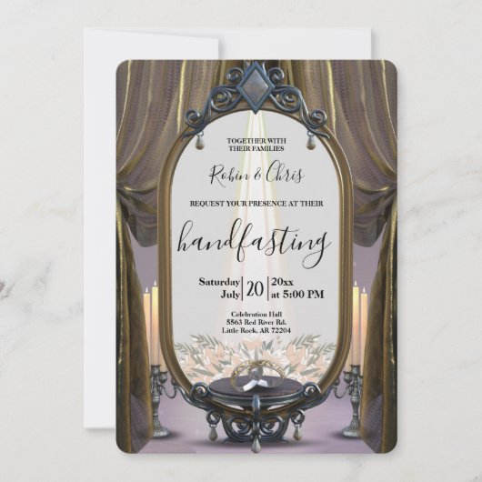 神秘的な夜の金ゴールドドレープズハンドスティング 招待状 (正面)