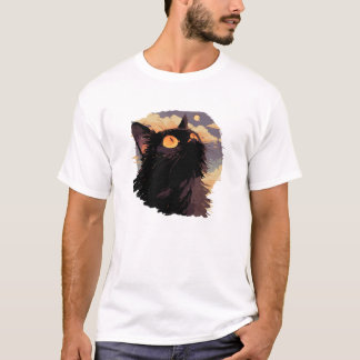 神秘的な夜を見上げる黒猫 Tシャツ