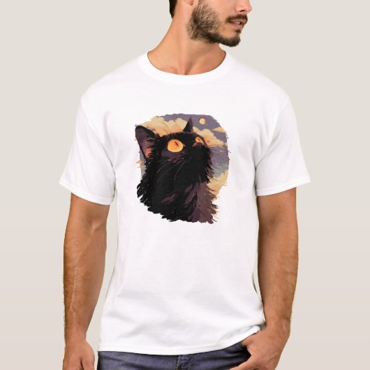 神秘的な夜を見上げる黒猫 Tシャツ (正面)