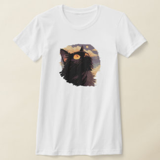 神秘的な夜を見上げる黒猫 Tシャツ
