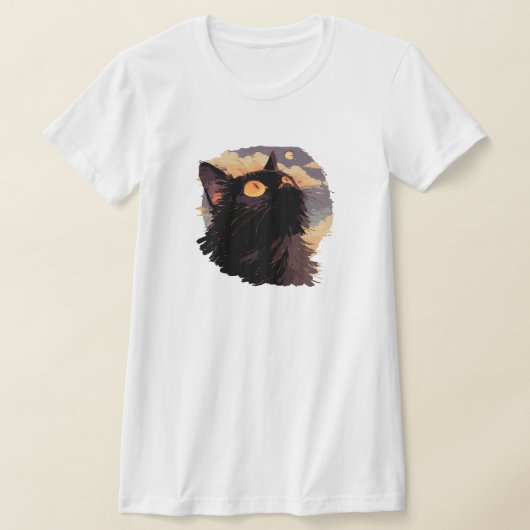 神秘的な夜を見上げる黒猫 Tシャツ (レイダウン)