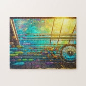 神秘的な夢のキャッチャーの窓パープルグリーン ジグソーパズル (横)