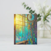 神秘的な夢のキャッチャーの窓パープルグリーン ポストカード (スタンド正面)