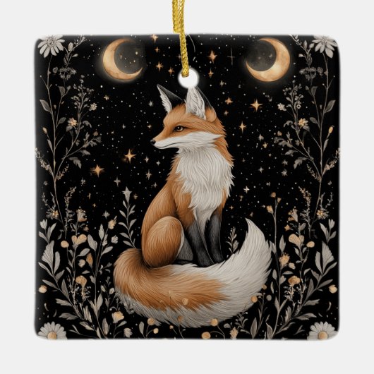 神秘的な天のキツネと花 セラミックオーナメント (正面)