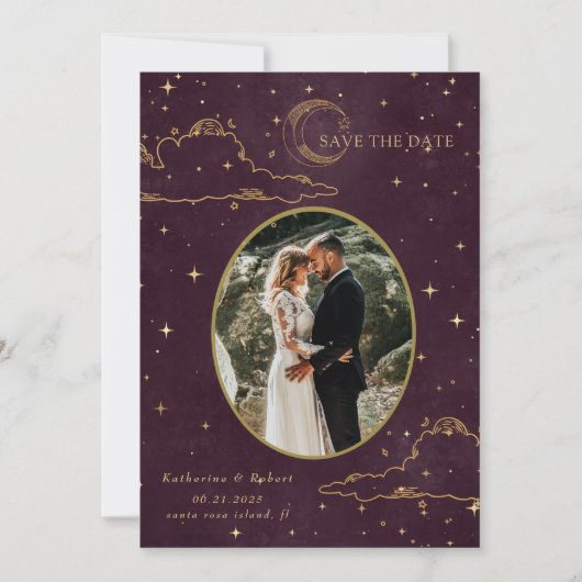 神秘的な天体のゴールド月雲の結婚式 セーブザデート (正面)