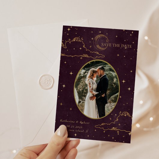 神秘的な天体のゴールド月雲の結婚式 セーブザデート