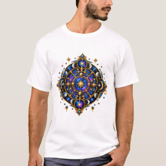 神秘的な天体シンボル ゴールド ブルー 宇宙の紋章 Tシャツ