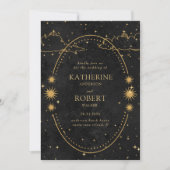 神秘的な天体金ゴールドムーンスターズブラック結婚ズ 招待状 (正面)