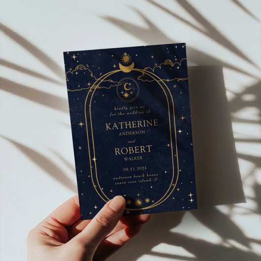神秘的な天体金ゴールドムーンダークブルー結婚ズ 招待状
