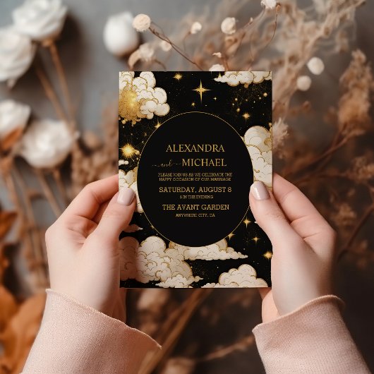 神秘的な天空の黒と金ゴールド結婚の 招待状