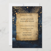 神秘的な天空ミッドナイトブルー金ゴールドスターズムーン 招待状 (正面)