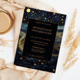 神秘的な天空ミッドナイトブルー金ゴールドスターズムーン 招待状