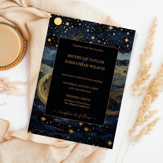 神秘的な天空ミッドナイトブルー金ゴールドスターズムーン 招待状