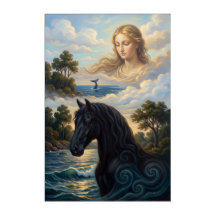 神秘的な女性と黒い馬のウォールアート