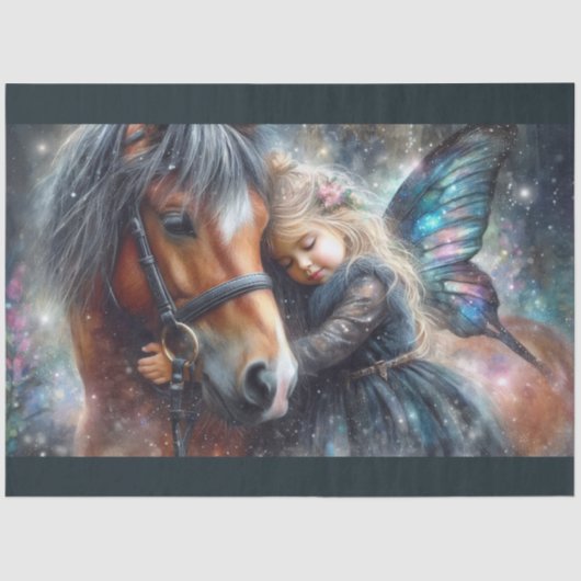 神秘的な妖精の女の子と馬のデコパージュ 薄葉紙 (正面)