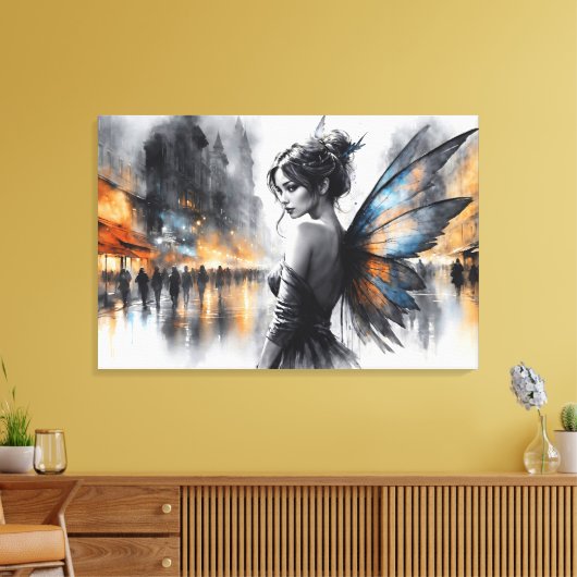 神秘的な妖精の霧の白熱［赤熱］光を放つ街のエーテルの翼 キャンバスプリント (インサイチュ (リビング))