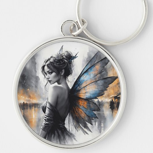 神秘的な妖精の霧の白熱［赤熱］光を放つ街のエーテルの翼 キーホルダー (正面)