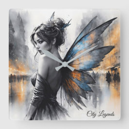 神秘的な妖精の霧の白熱［赤熱］光を放つ街のエーテルの翼 スクエア壁時計