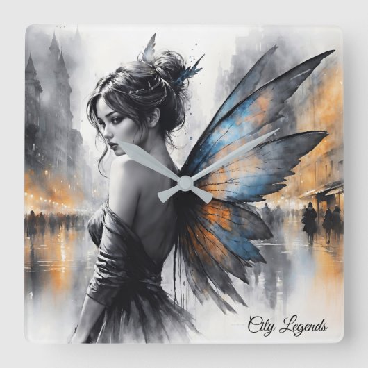 神秘的な妖精の霧の白熱［赤熱］光を放つ街のエーテルの翼 スクエア壁時計 (正面)