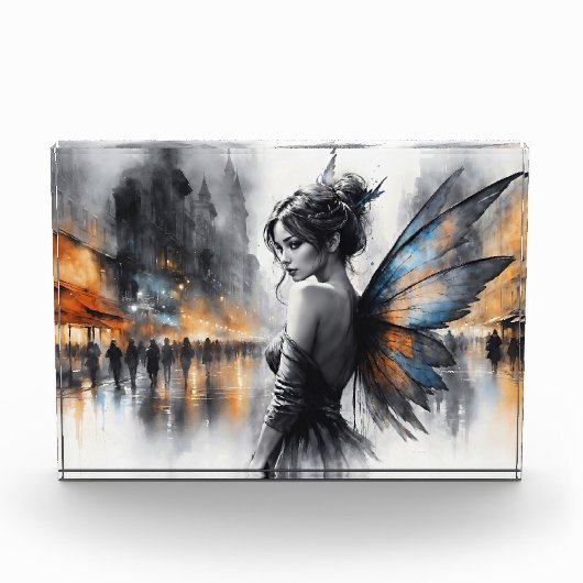 神秘的な妖精の霧の白熱［赤熱］光を放つ街のエーテルの翼 フォトブロック (正面)