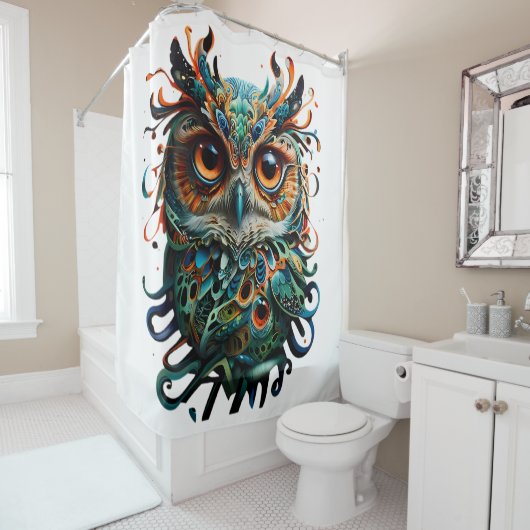 『神秘的な対称性鮮やかフクロウ・アート』 シャワーカーテン (インサイチュ)