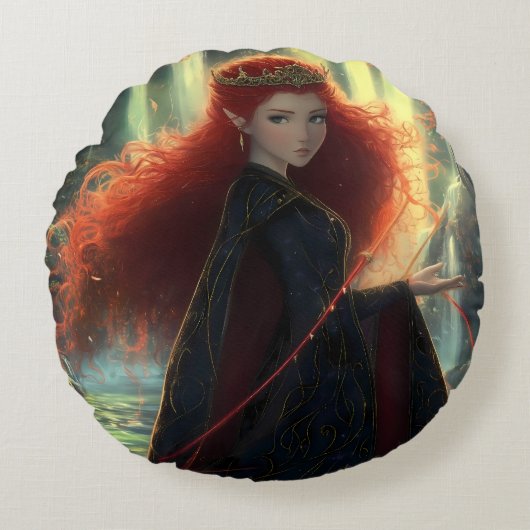 神秘的な小妖精や小人のファンタジー林 ラウンドクッション (正面)