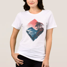 神秘的な山の深紅の月 禅アート トライブレンドTシャツ