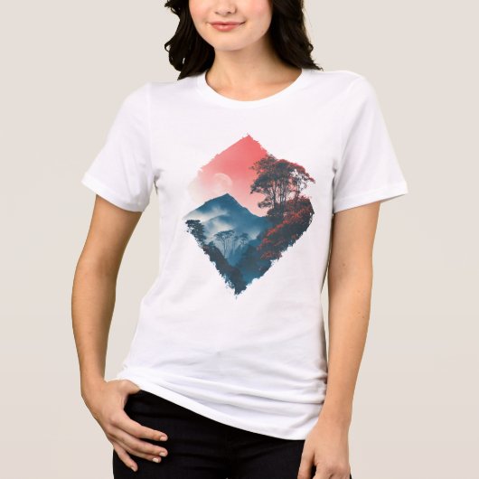 神秘的な山の深紅の月 禅アート トライブレンドTシャツ (正面)