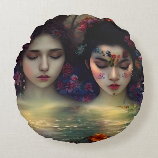 神秘的な庭園：フローラの夢 ラウンドクッション (正面)